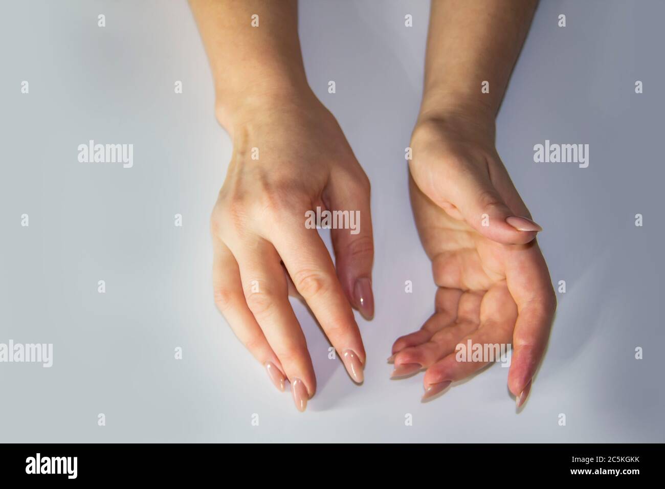 Eine Komposition von Frauen Hände, die Bewegung hellen Hintergrund zeigen. Weibliche Hände zeigen etwas. Konzept mit weiblichen Händen. Stockfoto