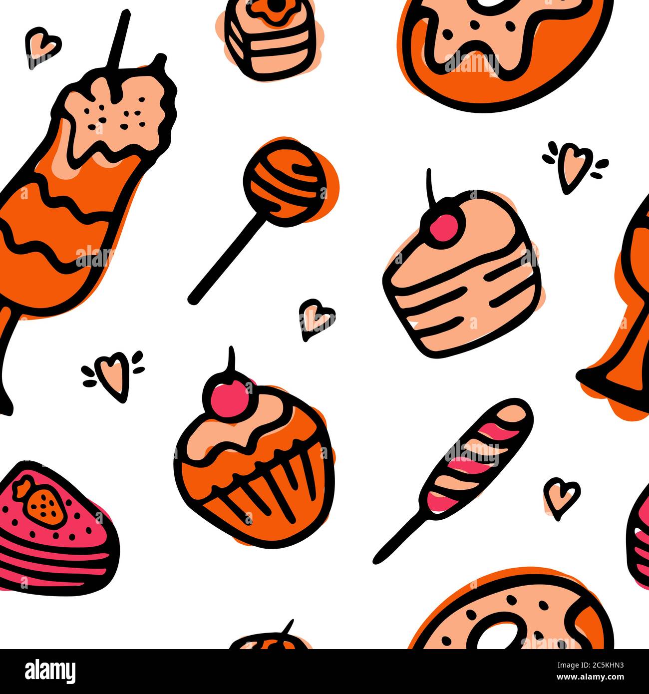 Doodle-Vektor. Bäckerei, Kuchen und Dessert, Gebäck Symbole gesetzt. Handgezeichnete Elemente für Logo, Label, Menü, Cafe-Shop Stock Vektor