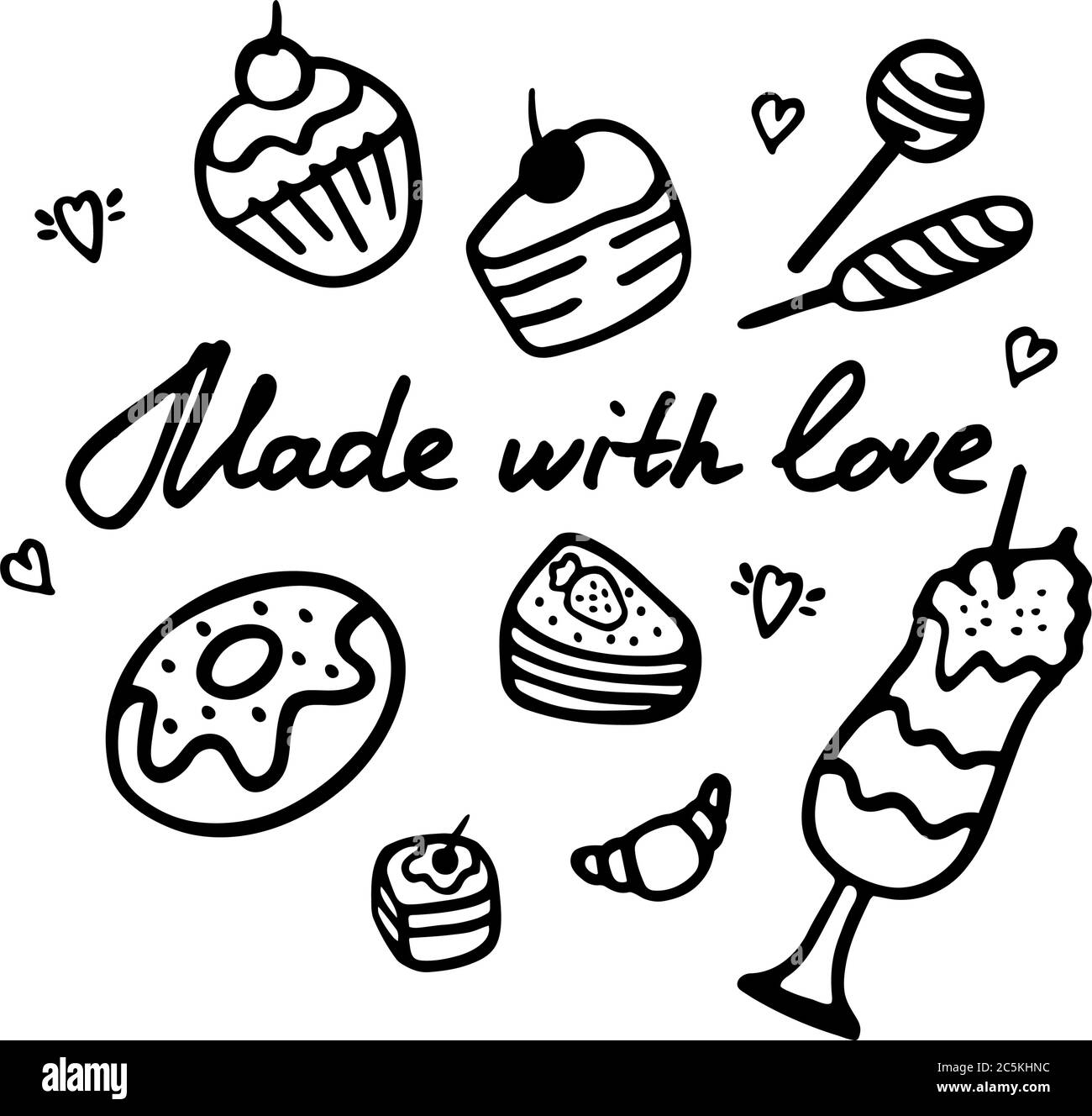 Mit Liebe Hand schreiben Inschrift. Handgezeichnete Süßigkeiten Icon Set. Stock Vektor