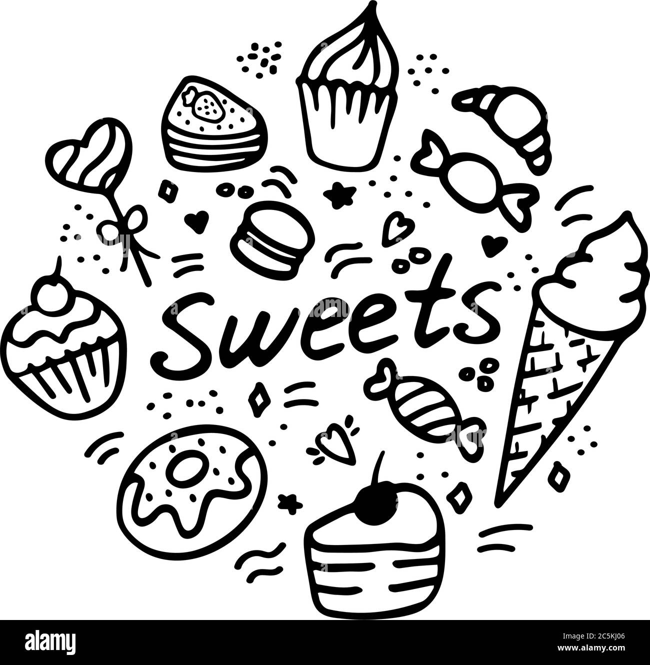 Vector Sammlung von Party Gebäck, Kuchen und Süßigkeiten Ikonen. Handgezeichnete Illustration mit Kuchen und Cupcakes. Stock Vektor