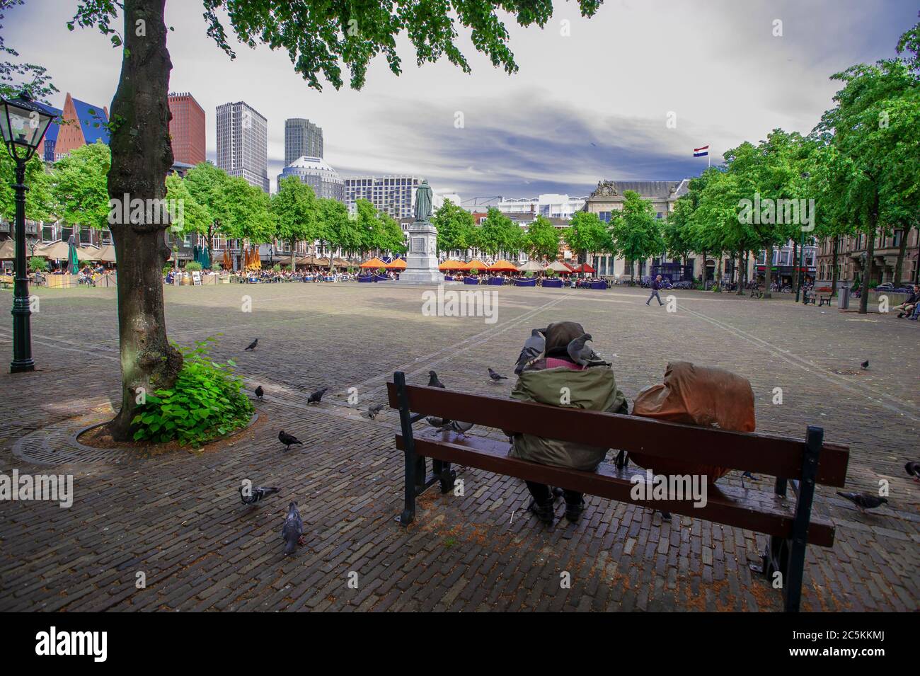 Plein, Den Haag, Niederlande. Freitag, 3. Juli 2020. Ein Gentleman der Straße - Birdman und kein Problem mit Social-Distancing hier. Freitagabend in Den Haag, da die vielen Wochen der Lockdown gelockert werden und eine Form der Normalität zur sozialen Norm wird. Kredit: Charles M Vella/Alamy Live Nachrichten Stockfoto