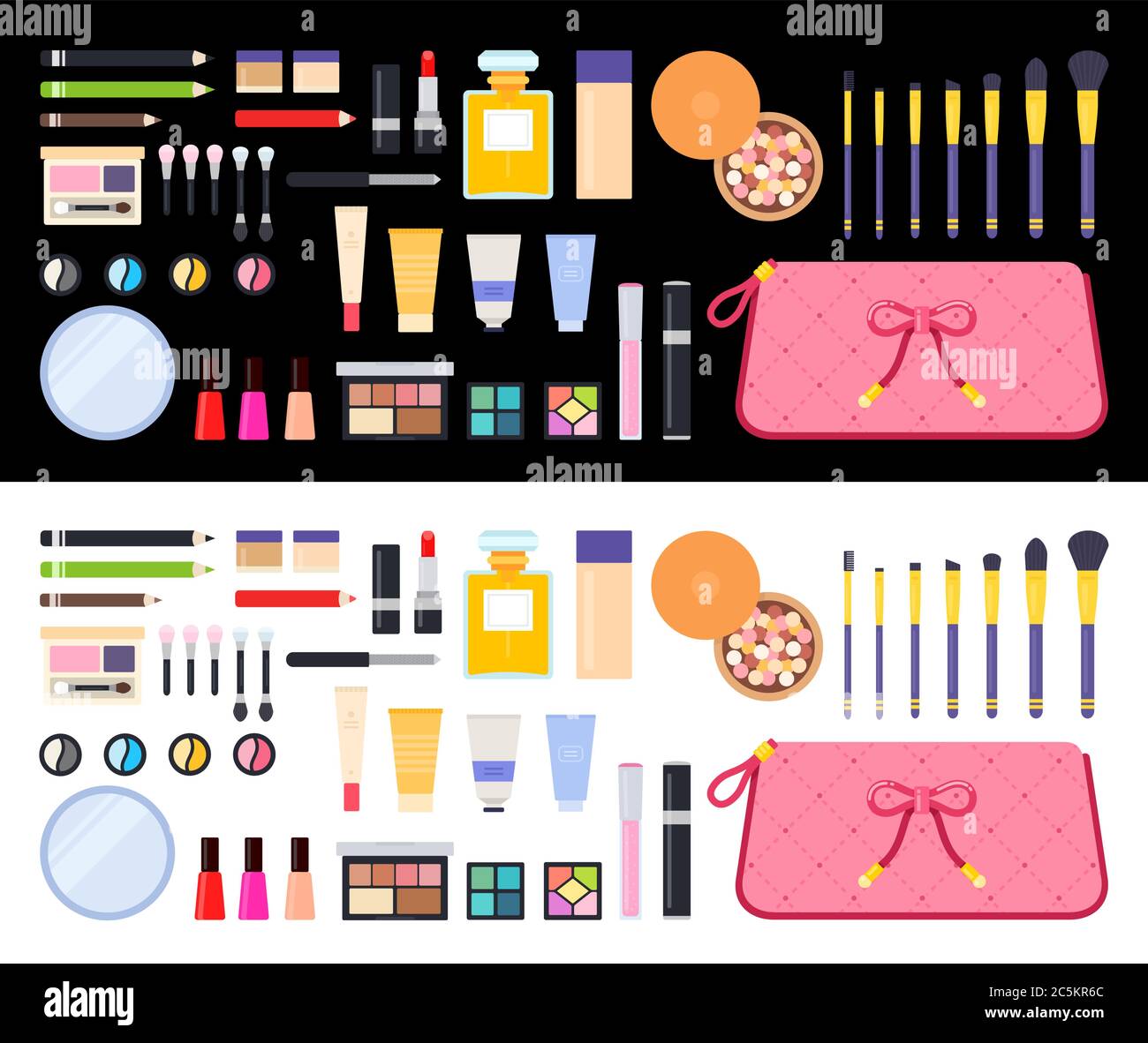 Nagellack, Mascara, Lippenstift, Lidschatten, Pinsel, Pulver, Lipgloss, handschriftliche Beschriftung Vektor flache Symbole. Isoliert auf weiß und schwarz Stock Vektor