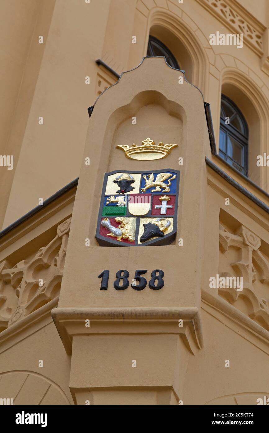 Wappen der Bürger-Servicestelle, Marktplatz, Wismar, Mecklenburg-Vorpommern, Deutschland Stockfoto