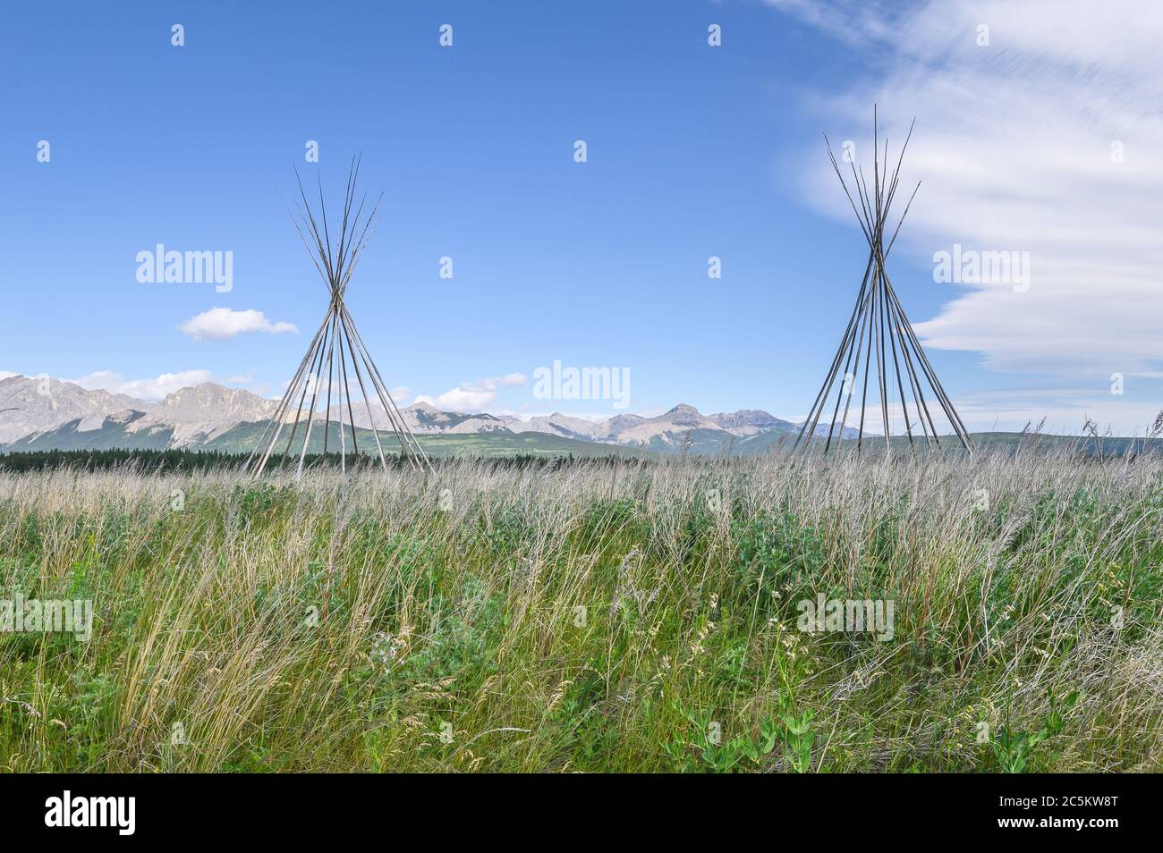 Tipi-Polen im Stoney Indian Reserve in Morley, Alberta, Kanada Stockfoto