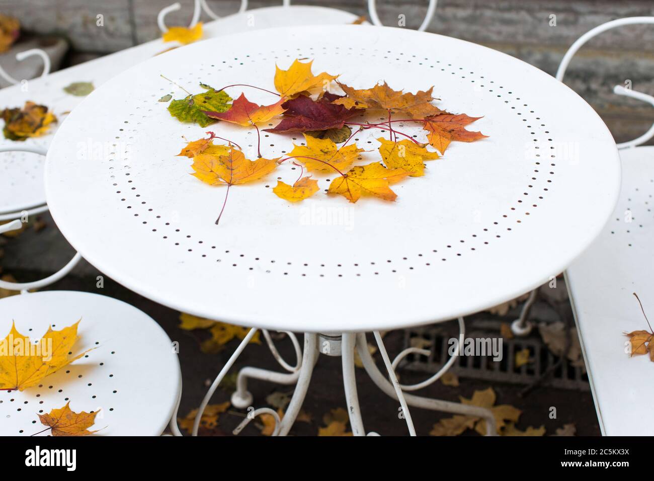 Leerer Outdoor-Café-Tisch mit bunten Herbstblättern bedeckt. Blick auf schöne Vintage Metall weißen Tisch und Stühle mit gefallenen Blättern Stockfoto