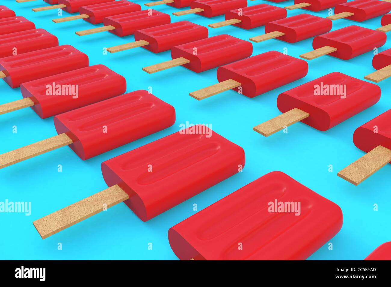 3D Illustration Erdbeer Popsicle Ice Cream Muster auf hellblauer Oberfläche. Stockfoto