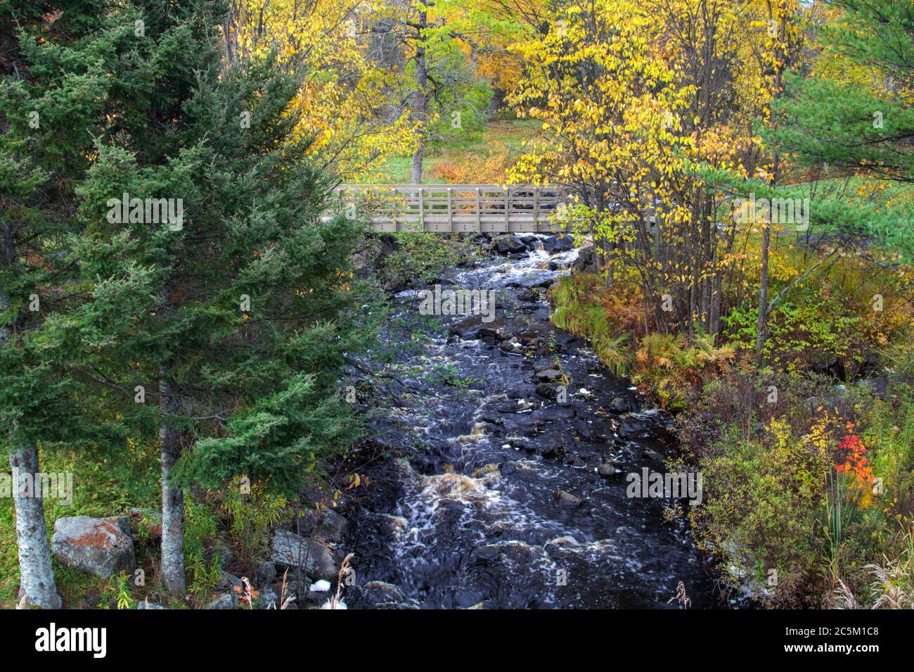Brücke Über Wasser. Kleine hölzerne Fußgängerbrücke über einen rauschenden Bach und Wasserfall im Tioga Falls Roadside Park in der Nähe von Marquette Michigan Stockfoto