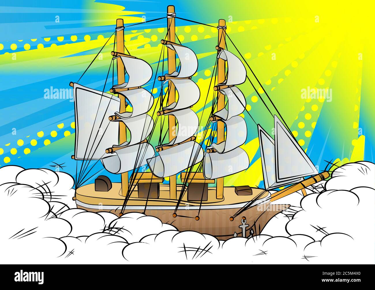 Segelboot oder Piratenschiff auf stürmischer See - Comic-Stil, Cartoon-Vektor-Illustration. Stock Vektor