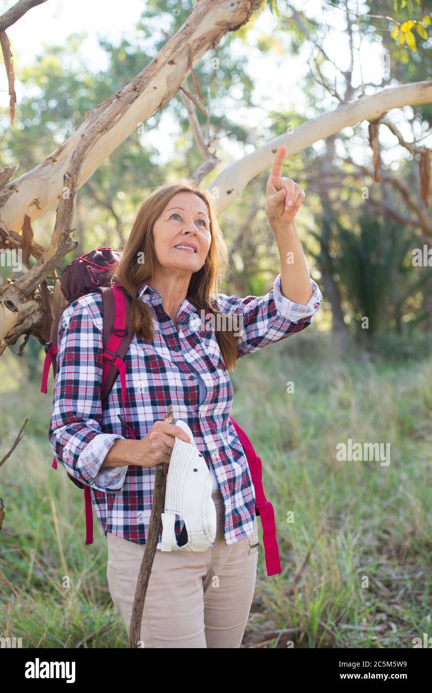 Portrait aktiv Attraktive Senior Frau wandern glücklich mit Rucksack und Stick in den Wald, beobachten, watschenden Tierwelt in der australischen Wildnis. Stockfoto