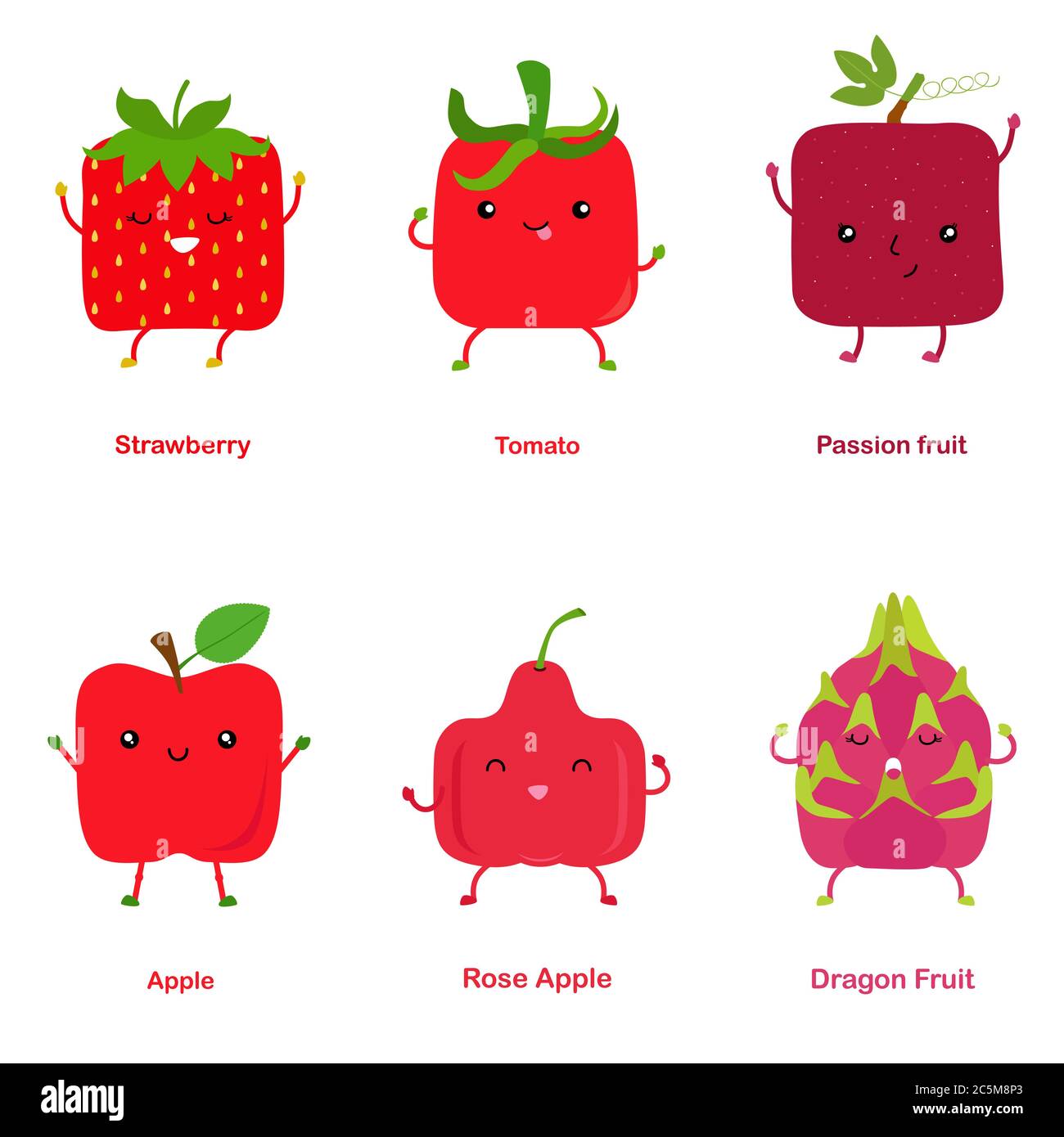 Niedliche Vektor von quadratischen geformt lächelnd Obst, Gemüse mit glücklichem Gesicht in roter Farbe - Erdbeer Tomate Passion Fruit Apple Rose Apple Dragon Fruit. Co Stock Vektor