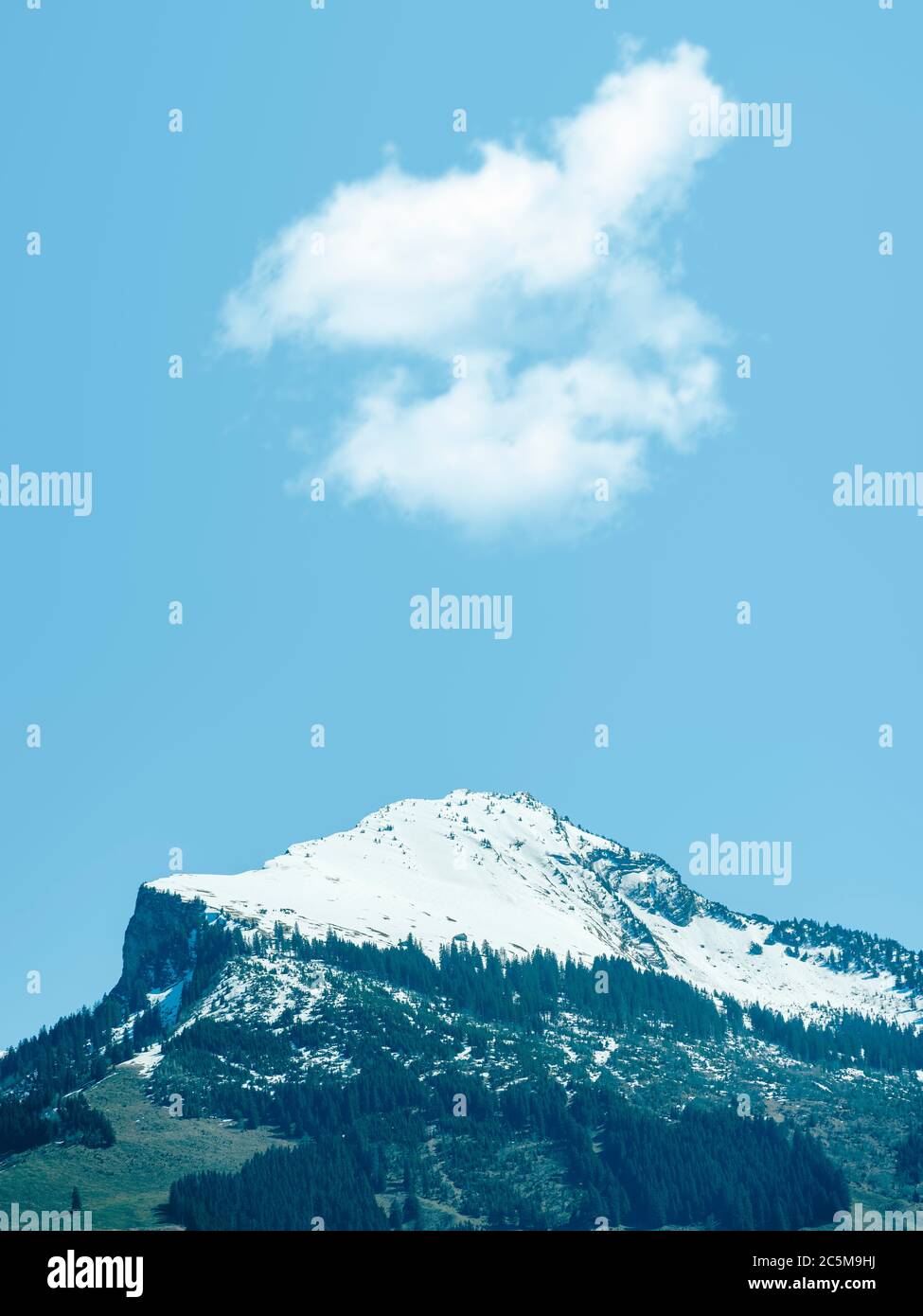 Schneebedeckter Berggipfel in den Schweizer Alpen im Sommer. Vertikale Aufnahme mit einem einzigen Berggipfel. Schweiz Alpen in der Nähe der Stadt Quarten im Kanton Stockfoto