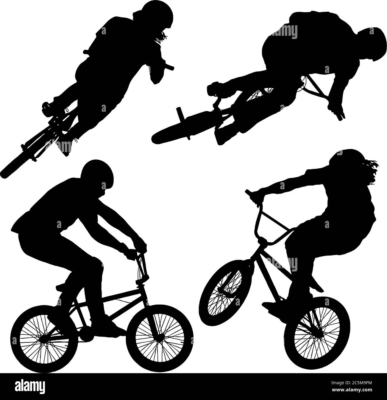 BMX Bike Riders 4er Set, Vektorgrafiken Silhouetten in schwarz Stock Vektor