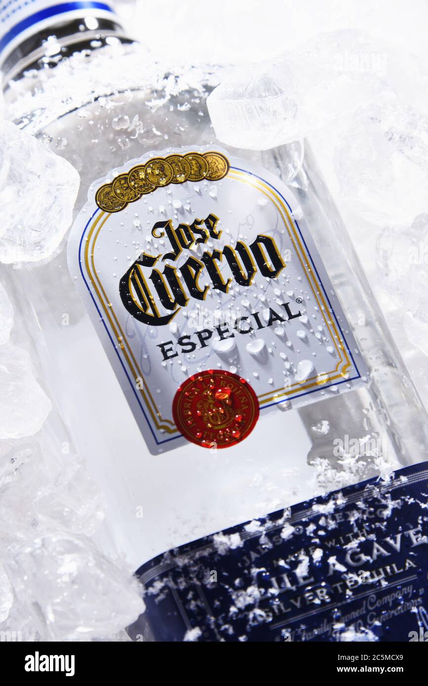 POSEN, POL - 28. MAI 2020: Flasche Jose Cuervo, eine Marke der meistverkauften Tequila der Welt, mit einem Marktanteil von 35.1% der Tequila-Sektor w Stockfoto