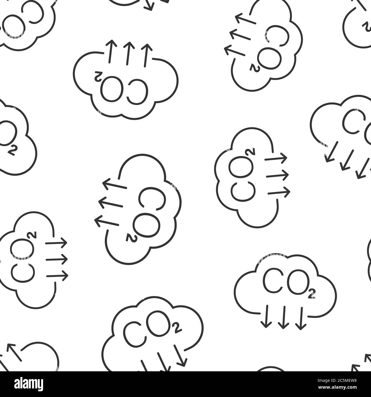 CO2-Symbol in flacher Ausführung. Abbildung des Emissionsvektors auf weißem, isoliertem Hintergrund. Nahtlose Muster-Geschäftskonzept zur Gasreduzierung. Stock Vektor