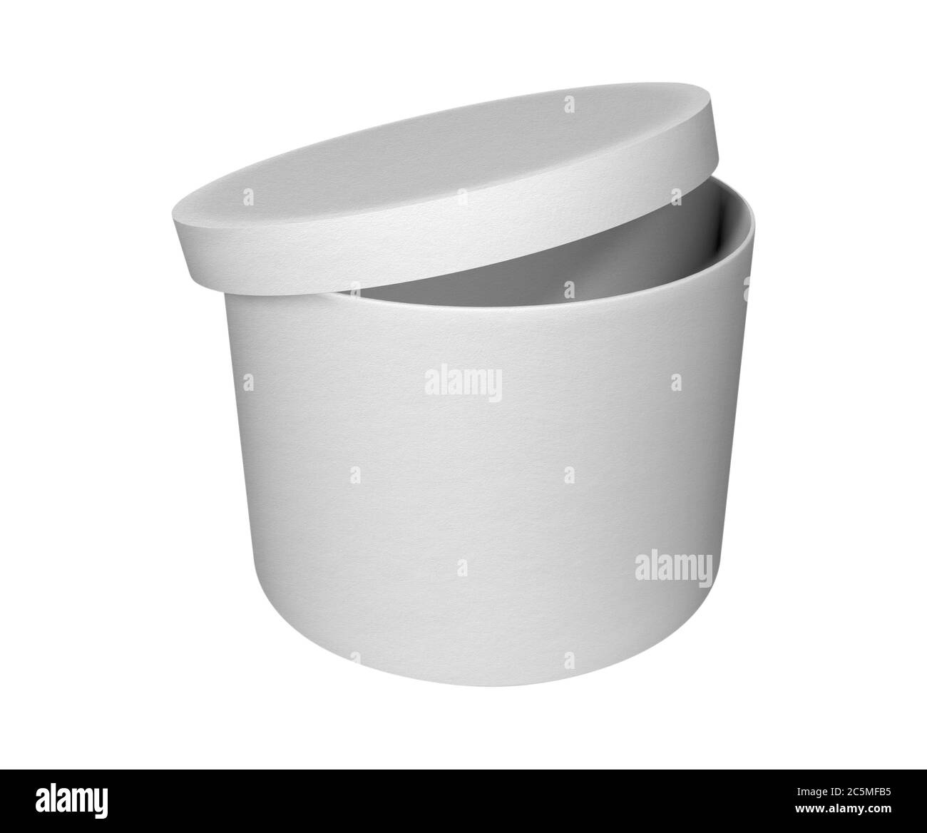 Offene weiße runde Geschenkbox isoliert auf weiß mit Clipping Path. 3D-Rendering Stockfoto