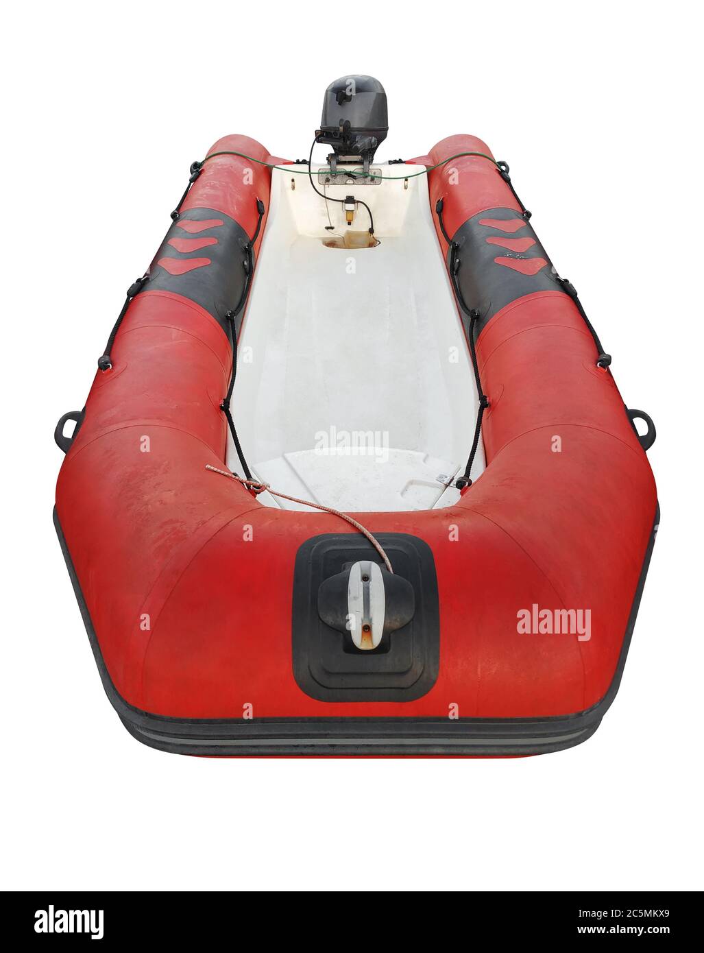 Rotes aufblasbares Rettungsboot isoliert auf weiß. Beschneidungspfad enthalten. Stockfoto