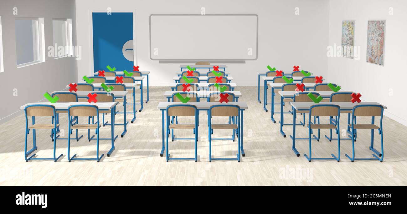 3D-Rendering - zurück zur Schule mit Coronavirus - Klassenzimmer Stockfoto