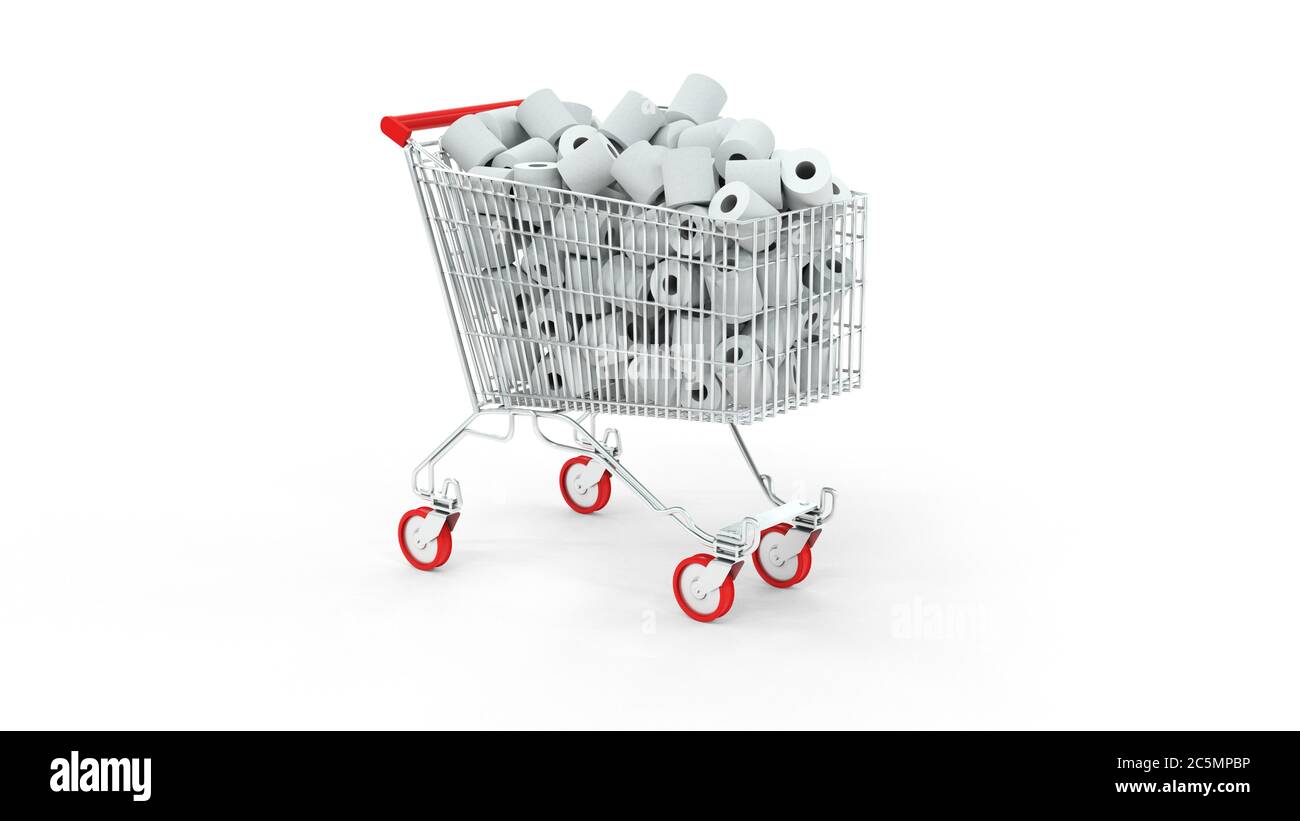 Einkaufswagen voll toilettenpapier weißer Hintergrund 3D-Rendering Stockfoto
