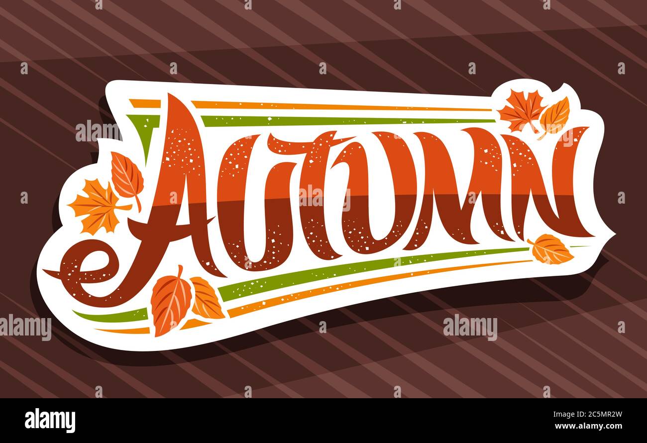 Vektor-Banner für die Herbstsaison, weißes Logo mit lockiger kalligraphischer Schrift, dekorative Herbstblätter und Konfetti, Grußkarte mit wirbeligen einzigartigen Lett Stock Vektor