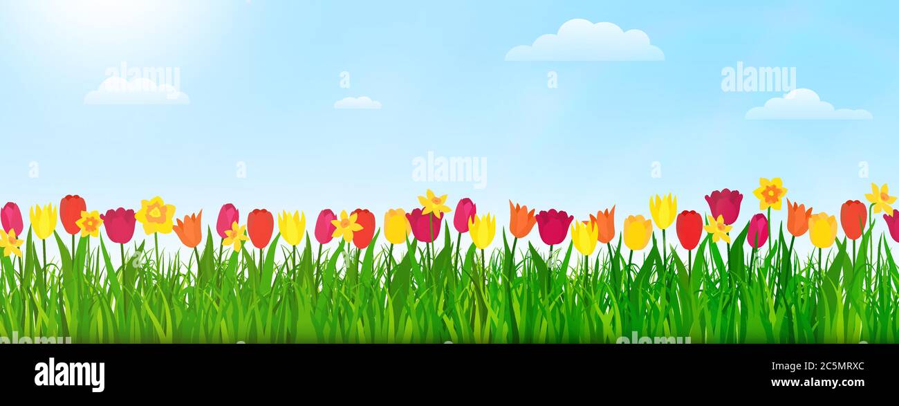 Frühling Natur Landschaft mit Blumen, grünes Gras und blauen Himmel. Vektorgrafik Stock Vektor
