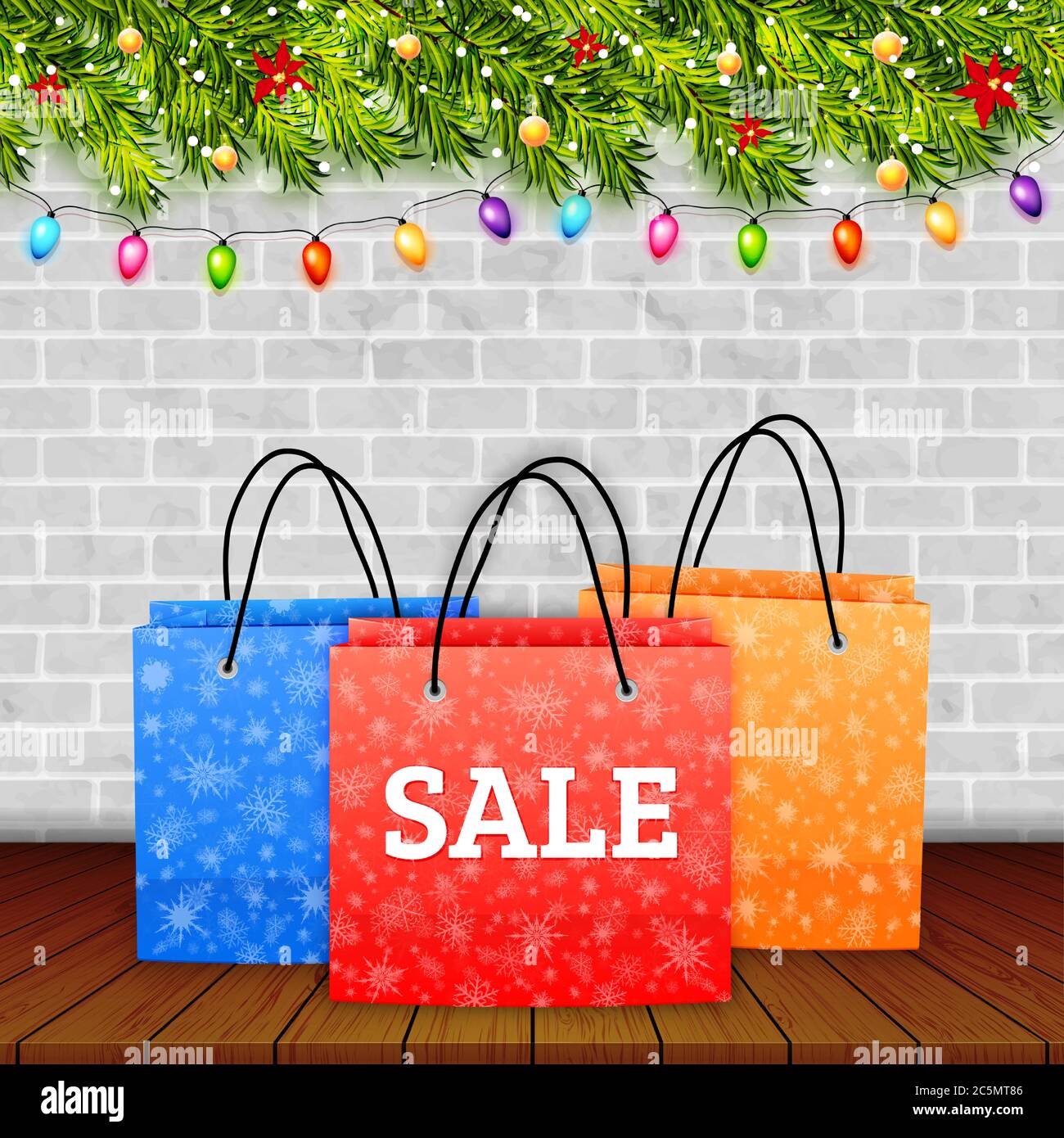 Weihnachten Verkauf. Shoping Papiertüte auf Holz Tischplatte mit Winter Hintergrund Vektor Stock Vektor