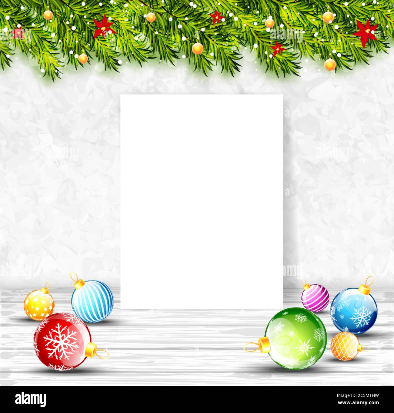 Weihnachtliche Hintergrund mit weißem leerem Papier und weihnachtsschmuck. Vektorgrafik Stock Vektor