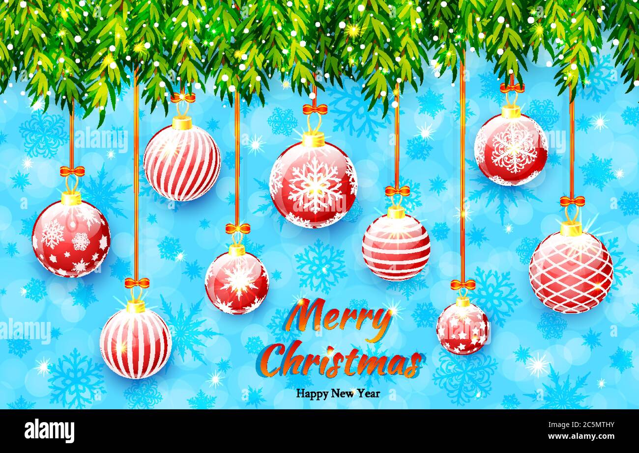 Frohe Weihnachten und ein glückliches neues Jahr Banner. Urlaub Vektor-Illustration mit Weihnachtsbaum Äste und Weihnachtskugeln auf blauem Hintergrund Stock Vektor