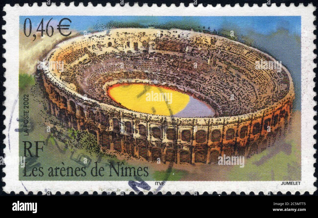 Timbre oblitéré Les Arènes de Nîmes. 0,46 €. HF. La Poste. 2002 Stockfoto