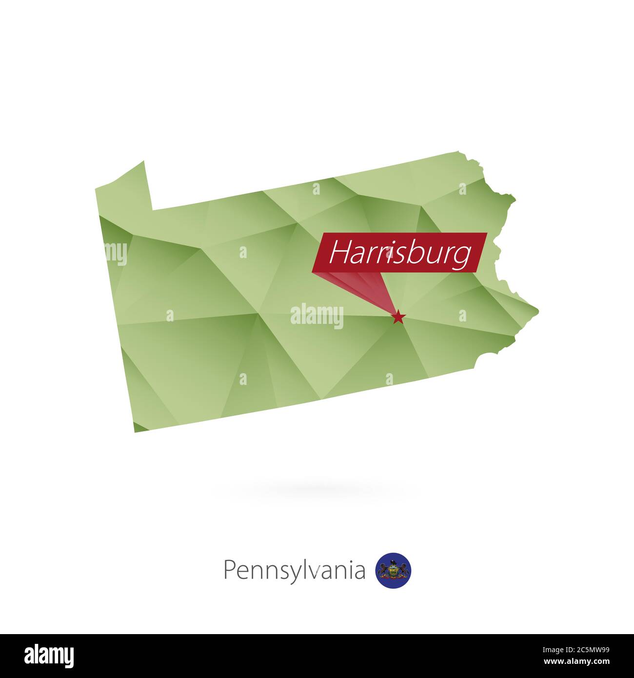 Grüne Gradient Low Poly Karte von Pennsylvania mit Hauptstadt Harrisburg Stock Vektor
