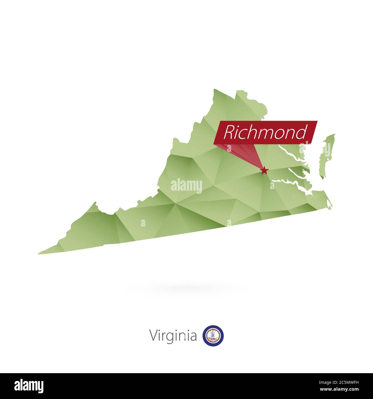 Grüne Gradienten Low Poly Karte von Virginia mit Hauptstadt Richmond Stock Vektor
