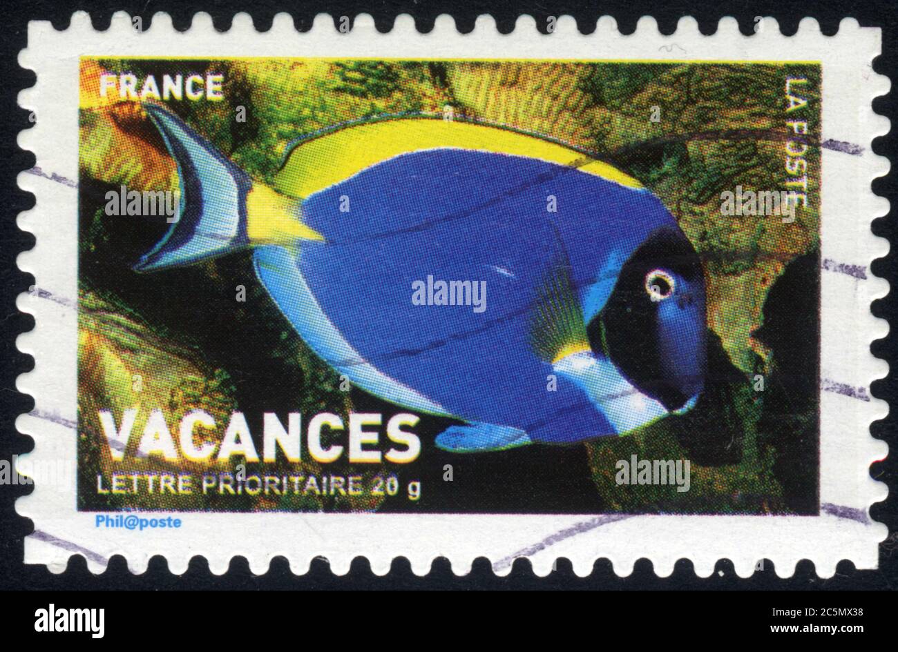 Timbre oblitéré Vakanzen. Lettre prioritaire. 20 g. Frankreich. La Poste. Poisson Stockfoto