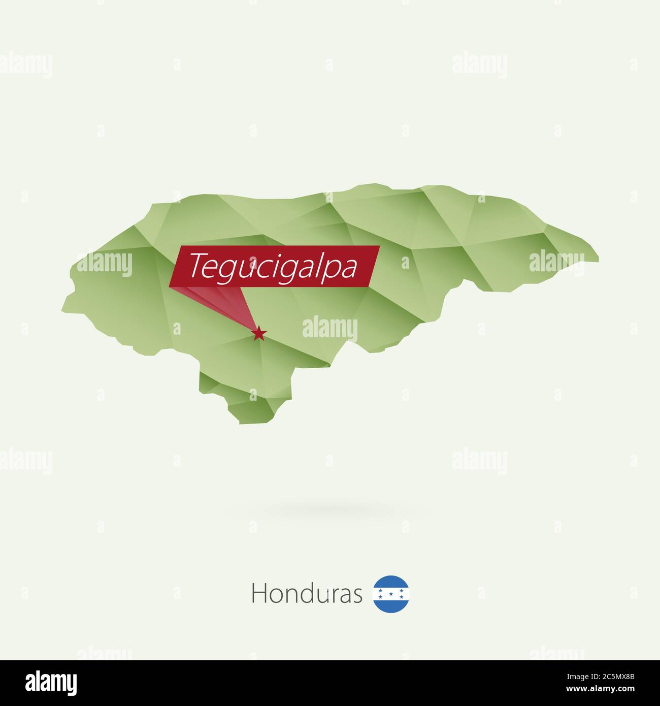 Grüne Gradienten Low Poly Karte von Honduras mit Hauptstadt Tegucigalpa