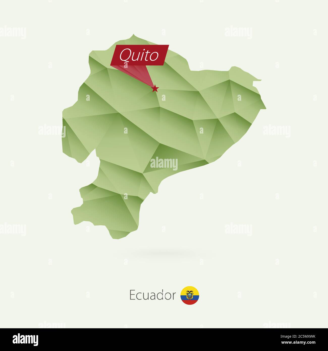 Hauptstadt Von Ecuador Mit Fünf Buchstaben Grüne Gradient Low Poly Karte von Ecuador mit Hauptstadt Quito Stock