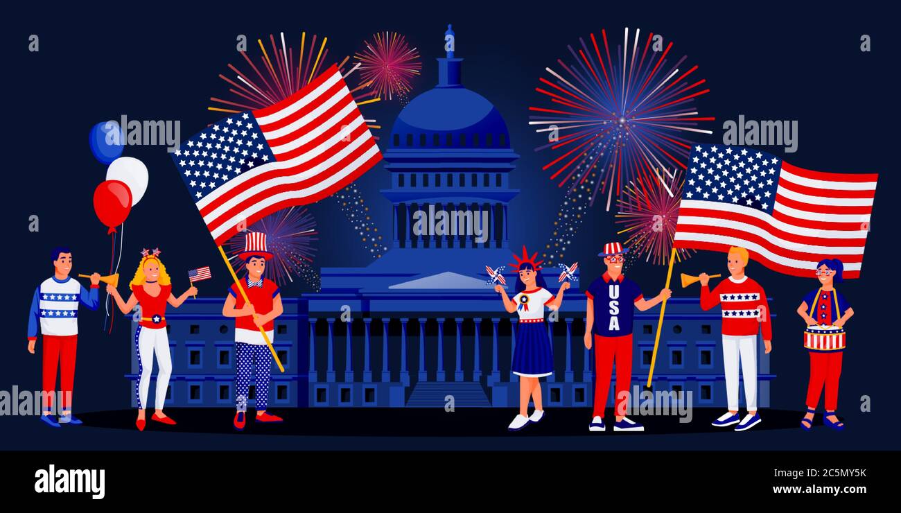Glückliche Menschen in patriotischen Kostümen vor dem Hintergrund des Kapitols. Feiern 4. Juli, USA Independence Day. Vektor Cartoon Figuren illustratio Stock Vektor