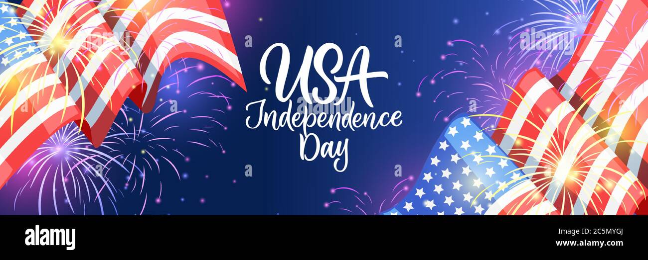 USA Independence Day horizontales Banner mit Kopierraum. Holiday Grußkarte Hintergrund mit winkenden amerikanischen Flagge, Feuerwerk, Kalligraphie Schriftzug. Stock Vektor