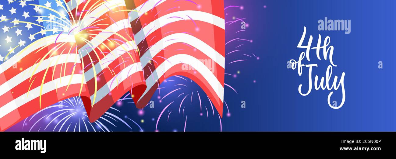 4. Juli handgezeichnete Kalligraphie-Schriftzug auf blauem Hintergrund mit winkender amerikanischer Flagge und Feuerwerk. USA Independence Day horizontales Banner mit c Stock Vektor