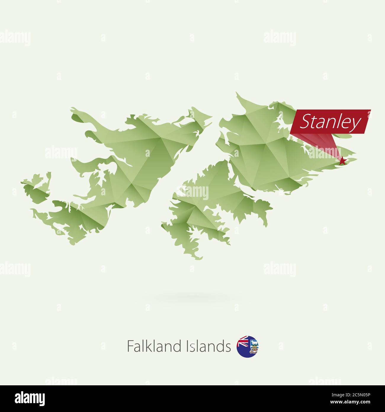 Grüne Gradient Low-Poly-Karte von Falkland-Inseln mit Hauptstadt Stanley Stock Vektor