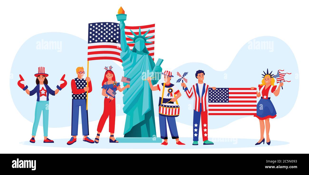 Feiern 4. Juli, USA Independence Day. Vektor Cartoon Figuren Illustration. Glückliche Menschen in patriotischen Kostümen in amerikanischen Fahnenfarben und Stock Vektor