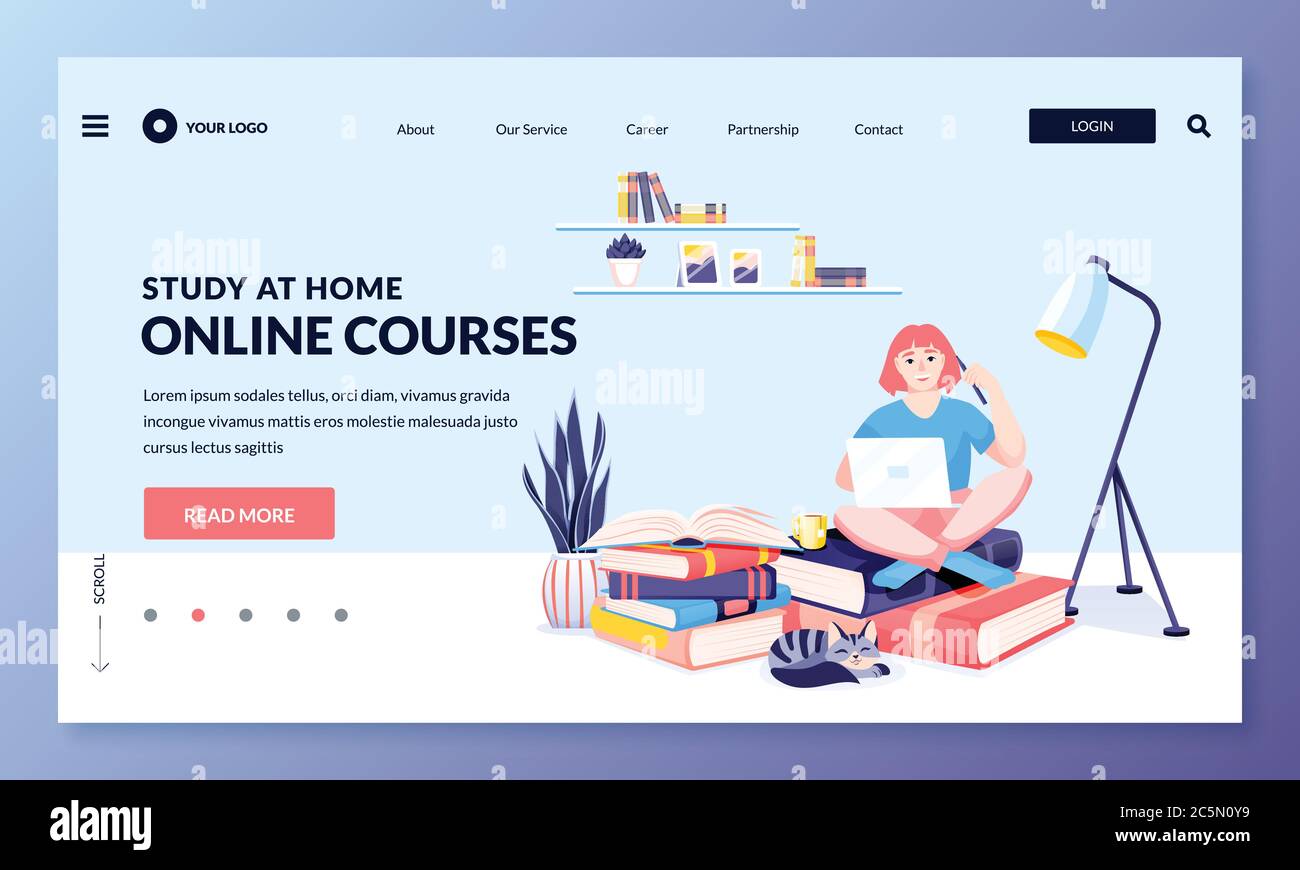 Frau sitzt auf Bücher Stapel mit Laptop. Fernunterricht in der Schule oder Universität, Online-Video-Kurse, Studium zu Hause Konzept. Vektor flach Cartoon c Stock Vektor