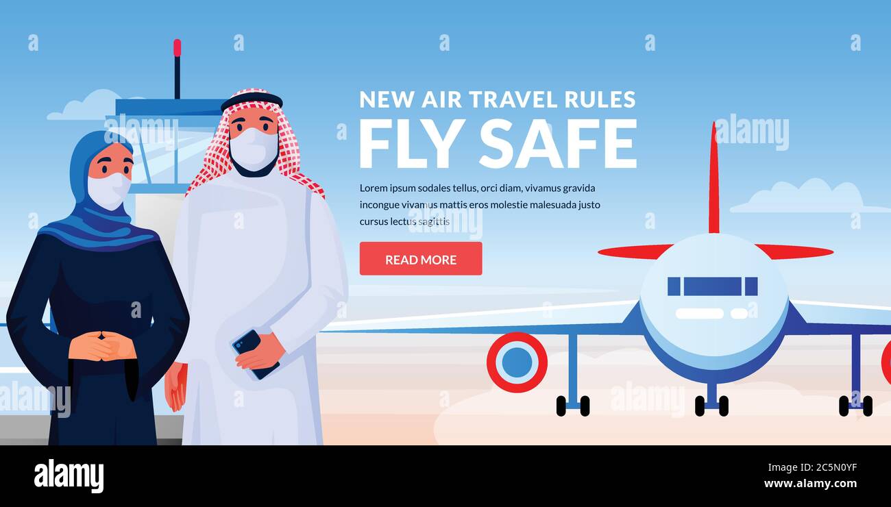 Flugreisen neue Regeln, gesundes und sicheres Flugkonzept. Arabischer Mann und Frau in medizinischen Schutzmasken am Flughafenterminal. Vektordarstellung von t Stock Vektor