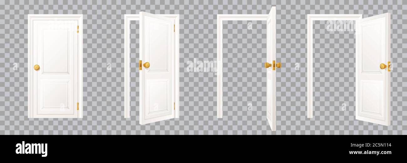 Geschlossene und offene klassische weiße Holztür-Set, isoliert auf transparentem Hintergrund. Modernes Haus oder Zimmer Eingang und Ausgang Design-Element. Ve Stock Vektor