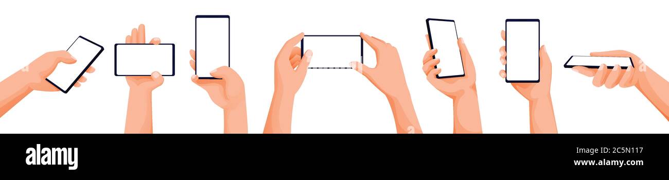 Menschliche Hände mit und halten Smartphones. Mobiltelefon mit Touchscreen und leerem Display. Modell, App-Interface Design-Elemente auf weißem Rücken isoliert Stock Vektor