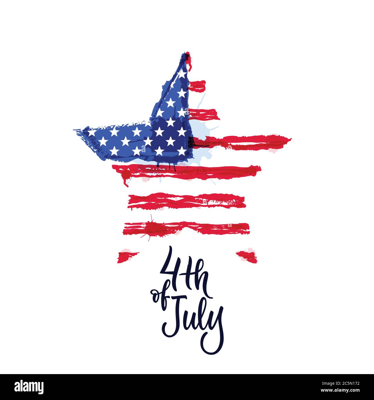 Alles gute am 4. Juli, USA Independence Day. Vektorgrafik. Handgezeichnete Kalligraphie-Schriftzüge und amerikanische Aquarellfahne in Sternform. Urlaub pri Stock Vektor