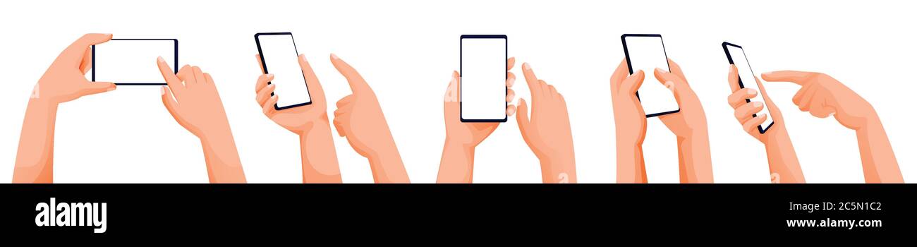 Menschliche Hände mit und halten Smartphones. Vektor flach Cartoon Illustration. Mobiltelefon mit Touchscreen und leerem Display. Präsentation der App-Schnittstelle Stock Vektor