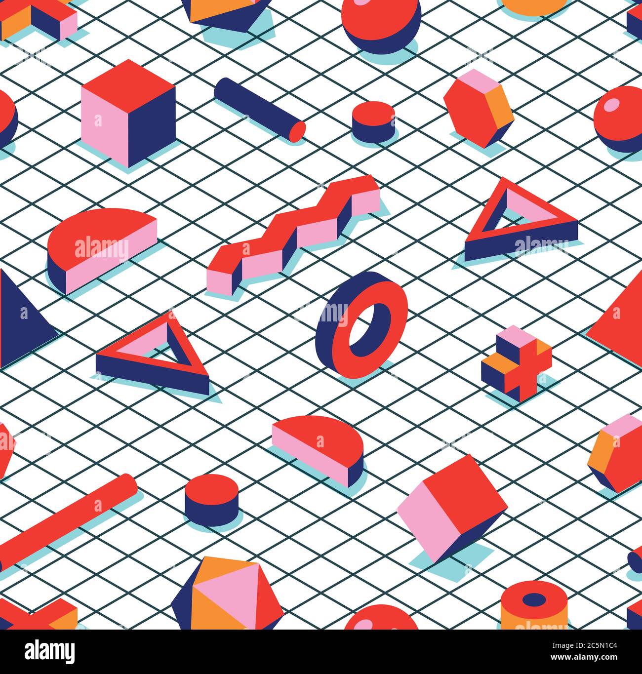 Abstraktes geometrisches Nahtmuster. Vektor 3d isometrische Formen auf Rasterhintergrund. Bunte Würfel, Kreuz, Dreieck, Sechseck. Trendiges Stoffdesign, fas Stock Vektor