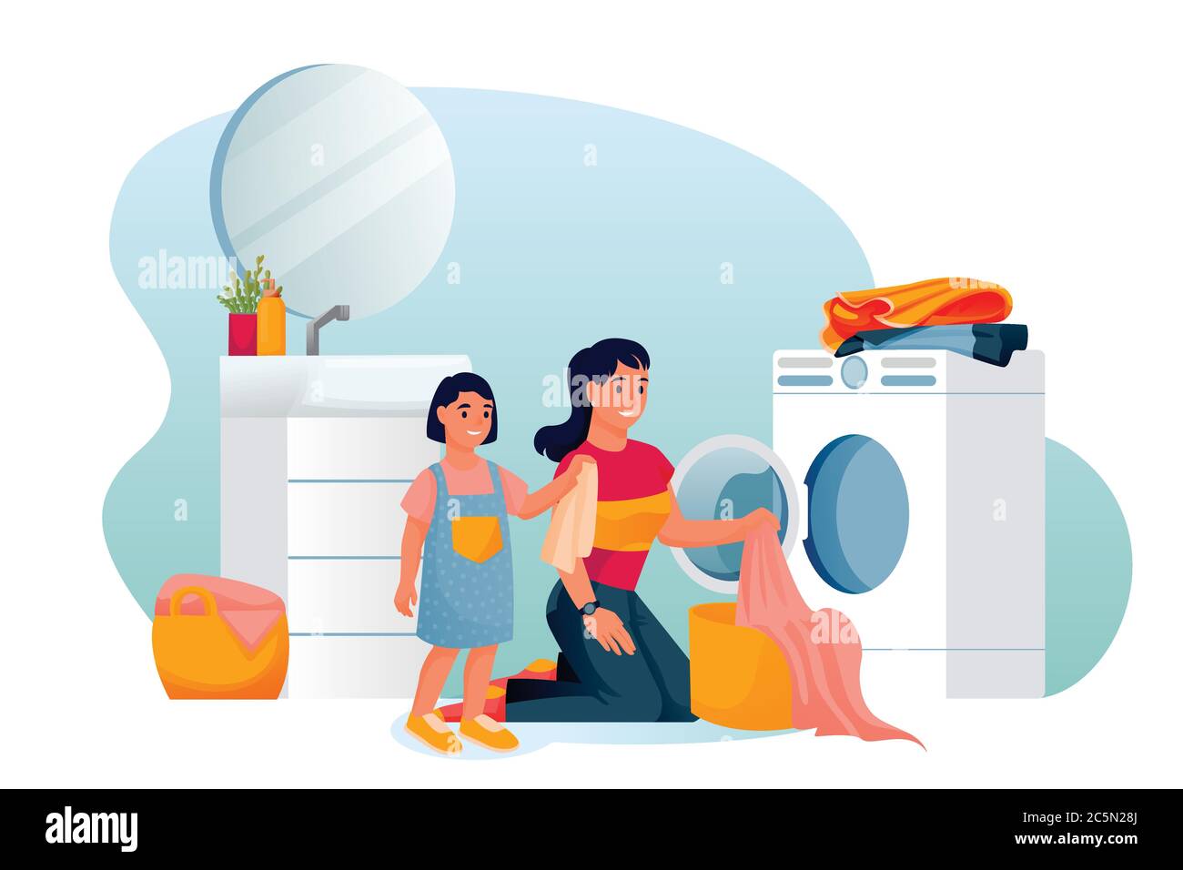 Mutter und Tochter waschen gemeinsam in der Waschküche ihre Wäsche. Mama und kleines Mädchen setzen Dinge in der Waschmaschine. Vektorzeichen. Familie h Stock Vektor