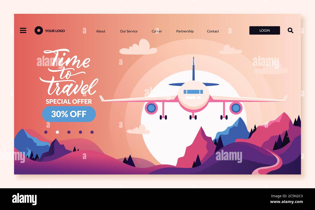 Time to travel Banner, Coupon oder Gutschein Design Vorlage. Flugzeug über Berglandschaft und handgezeichnete Kalligraphie-Schriftzüge. Vektorgrafik Stock Vektor