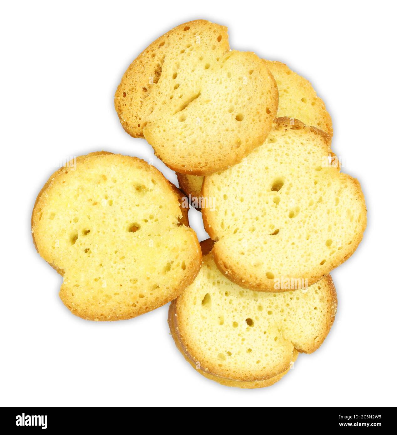 Gruppe von Bruschette Brotscheiben auf weißem Hintergrund isoliert. Snack mit Käsegeschmack Stockfoto