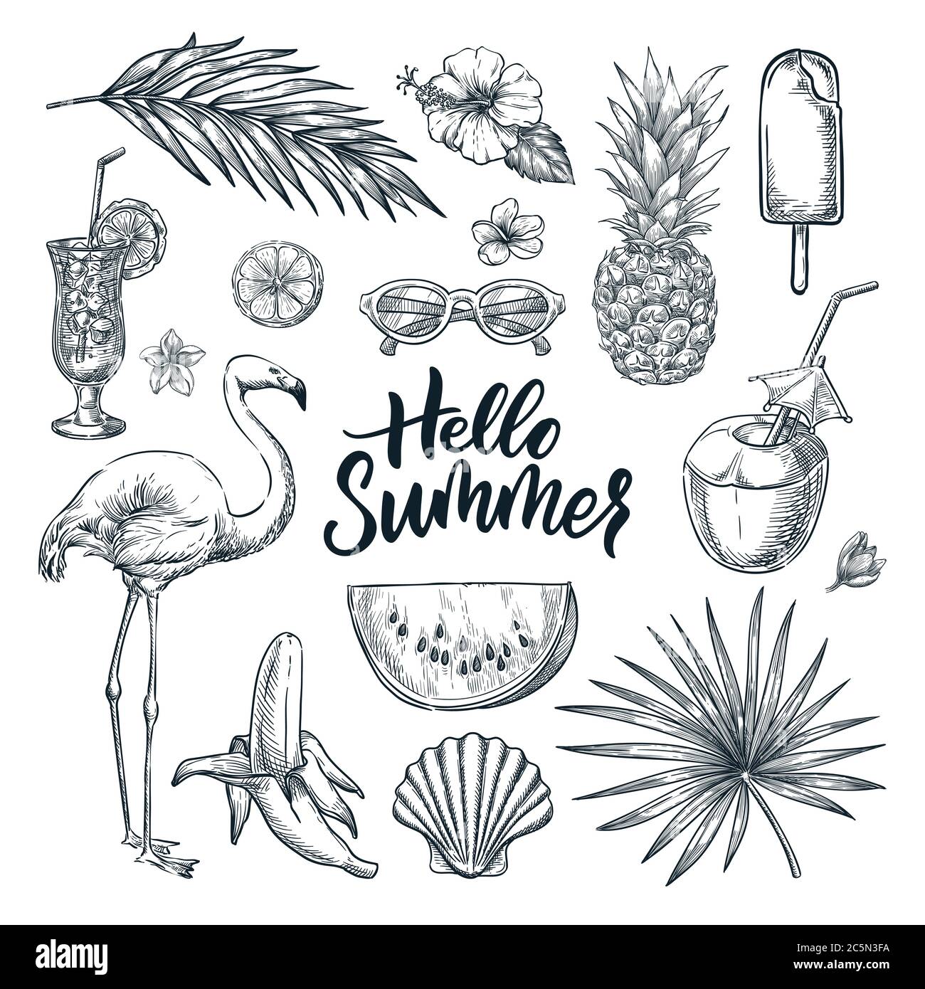 Hello Sommer handgezeichnete Kalligraphie Schriftzug und tropische Design-Elemente Set. Vektorgrafik Skizze. Urlaub, Meer Strand Urlaub Design-Element Stock Vektor
