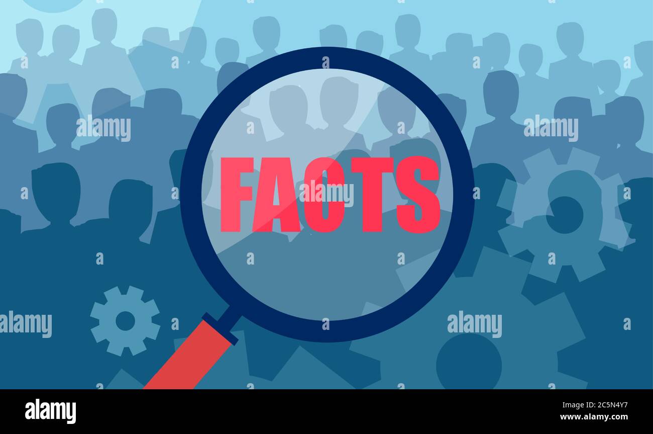 Vektor einer Lupe über große Menschenmenge auf der Suche nach Fakten Stock Vektor Vektor einer Lupe über große Menschenmenge auf der Suche nach Fakten Stock Vektor